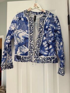 berek Blue Floral & Leopard-Trim Zip Jacket small petite animal print